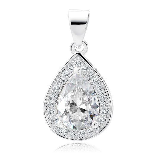 A silver teardrop-shaped pendant with white zirconia stones surrounding a central white gemstone.