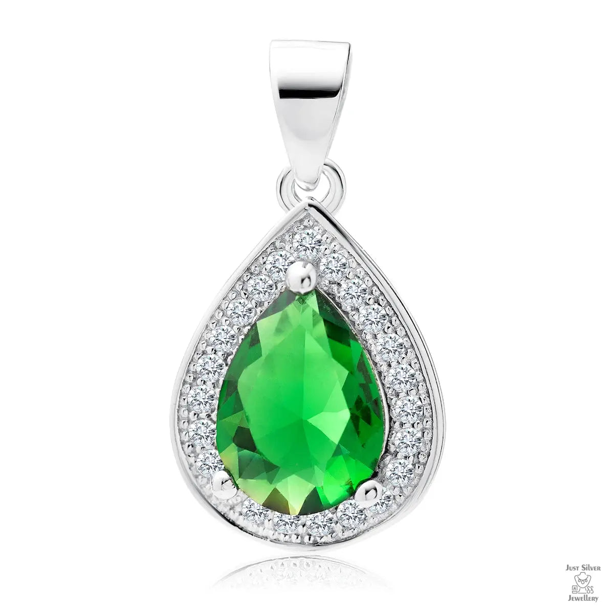 A silver pendant with a teardrop-shaped central emerald gemstone surrounded by white zirconia