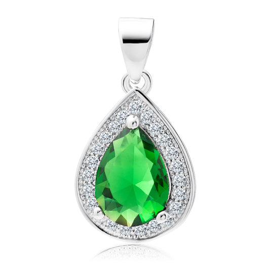 A silver pendant with a teardrop-shaped central emerald gemstone surrounded by white zirconia