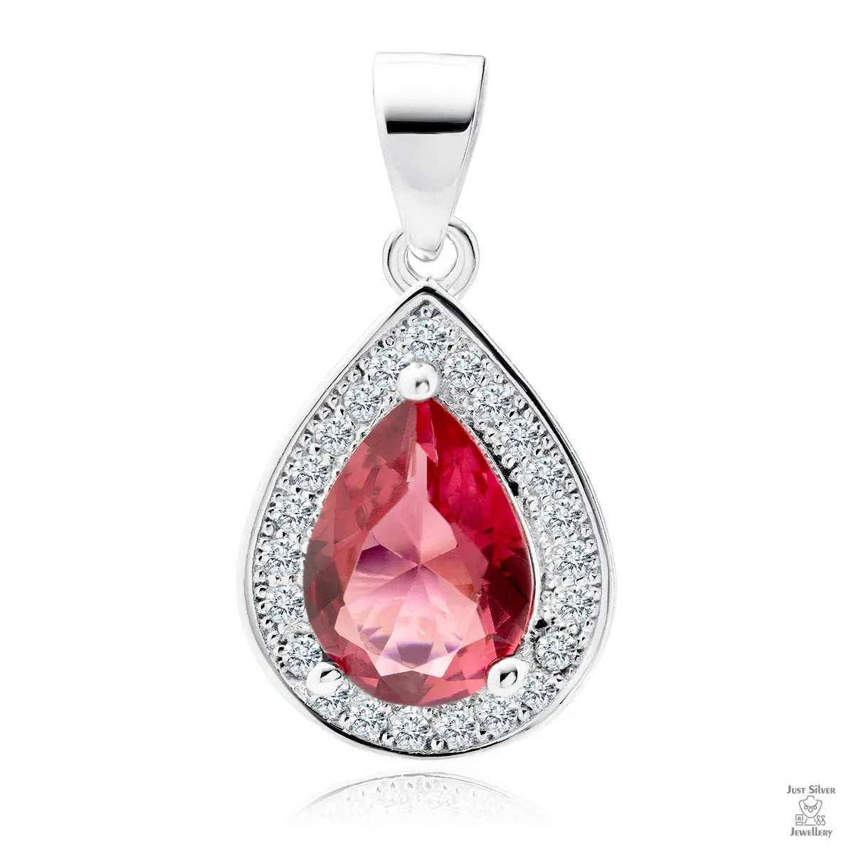 A silver pendant with a teardrop-shaped central ruby gemstone surrounded by white zirconia
