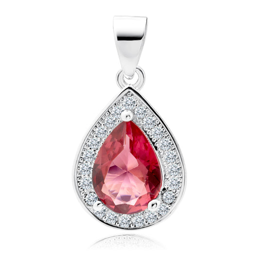 A silver pendant with a teardrop-shaped central ruby gemstone surrounded by white zirconia