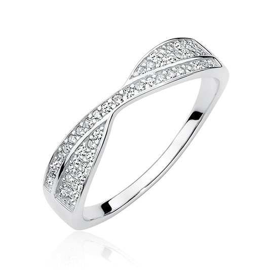 A sterling silver ring with multiple zirconia stones arranged in a pattern around its circumference.
