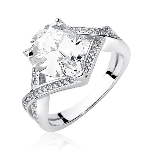 A silver teardrop-shaped ring with white zirconia, featuring a large central gem surrounded by smaller ones arranged in a pattern around the band.