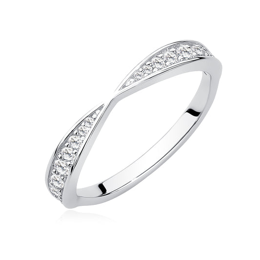 A sterling silver ring with zirconia stones arranged in a curved pattern along the top.