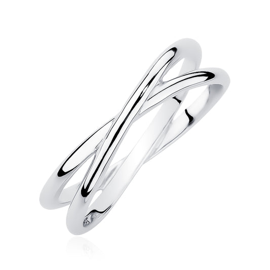 A sterling silver ring with a plain, geometric X shape design.