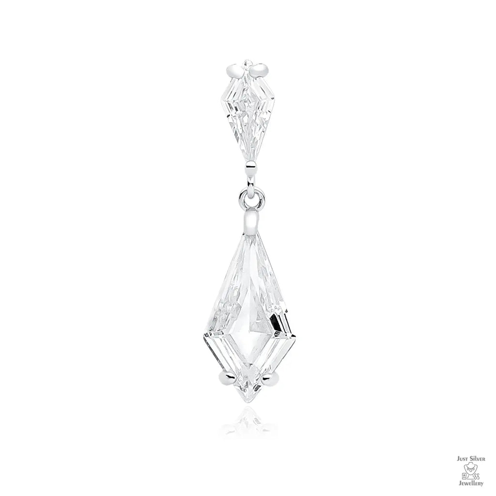 A silver bridal pendant with a white zirconia gemstone, designed in a geometric shape with intricate detailing.