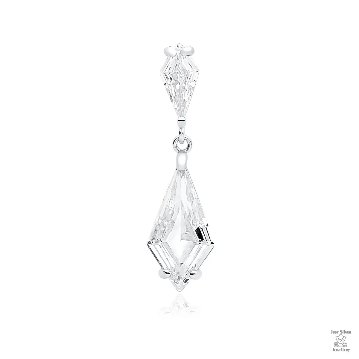 A silver bridal pendant with a white zirconia gemstone, designed in a geometric shape with intricate detailing.