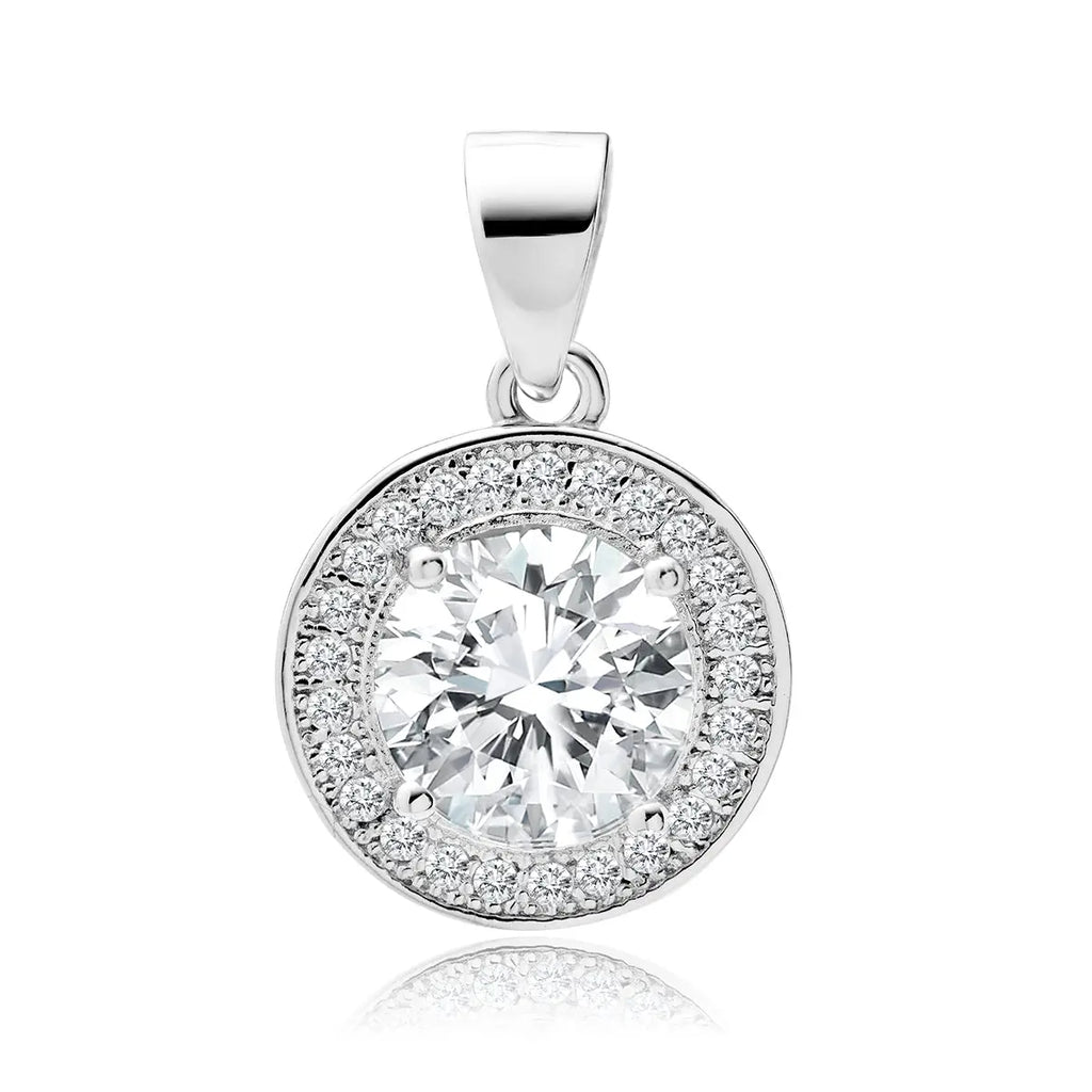 A round white zirconia gemstone cluster pendant in silver color with a larger central stone surrounded by smaller ones, attached to a loop for a chain.
