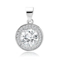 A round white zirconia gemstone cluster pendant in silver color with a larger central stone surrounded by smaller ones, attached to a loop for a chain.