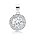 A round white zirconia gemstone cluster pendant in silver color with a larger central stone surrounded by smaller ones, attached to a loop for a chain.