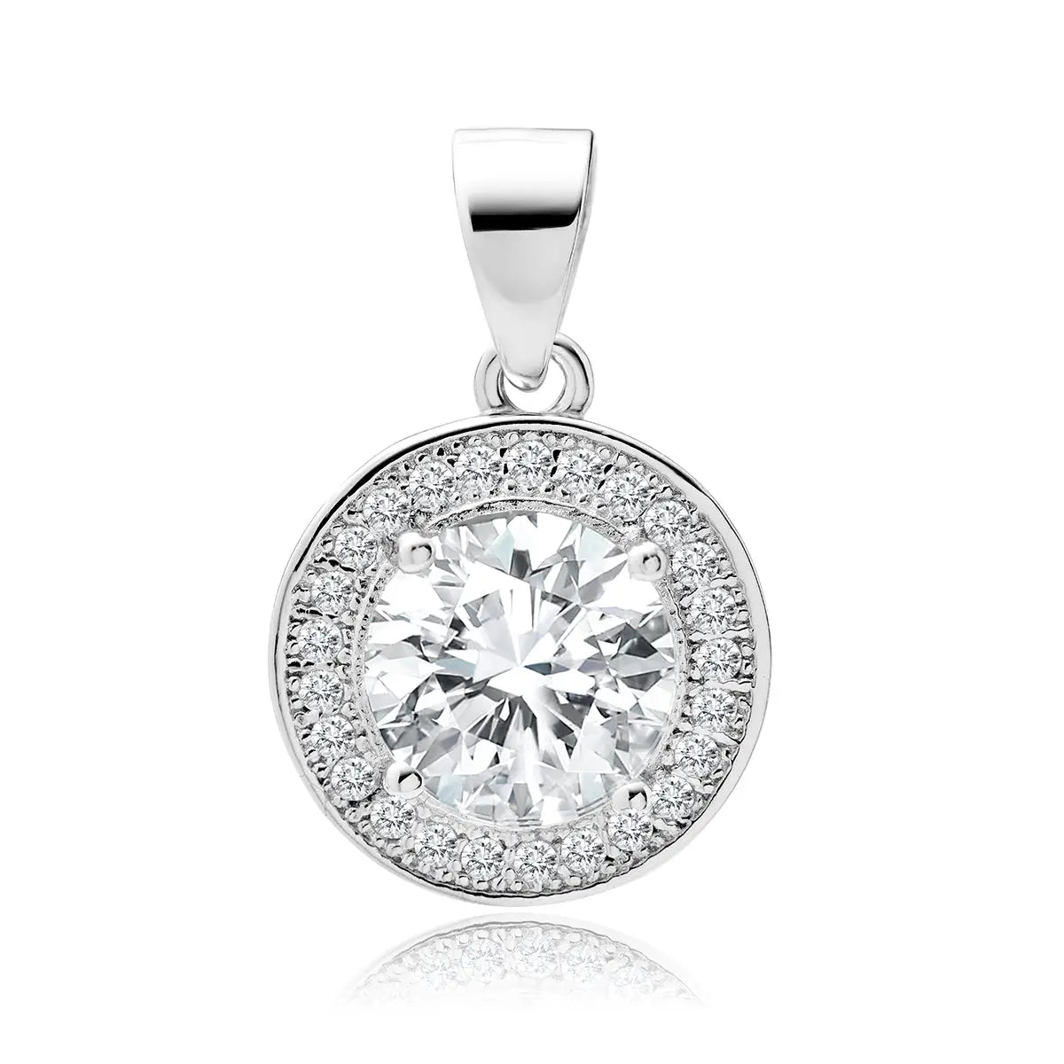 A round white zirconia gemstone cluster pendant in silver color with a larger central stone surrounded by smaller ones, attached to a loop for a chain.