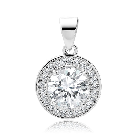 A round white zirconia gemstone cluster pendant in silver color with a larger central stone surrounded by smaller ones, attached to a loop for a chain.