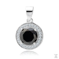 A round black zirconia gemstone pendant surrounded by white zirconia gemstones, set in silver.