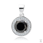 A round black zirconia gemstone pendant surrounded by white zirconia gemstones, set in silver.