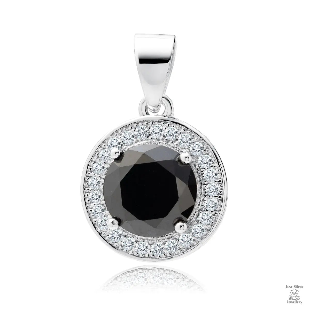 A round black zirconia gemstone pendant surrounded by white zirconia gemstones, set in silver.