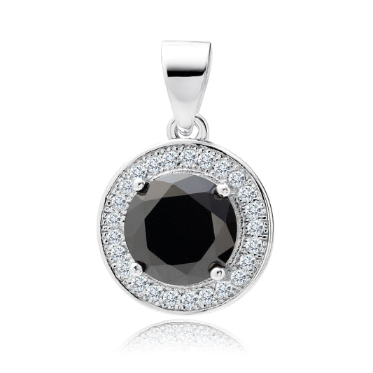 A round black zirconia gemstone pendant surrounded by white zirconia gemstones, set in silver.