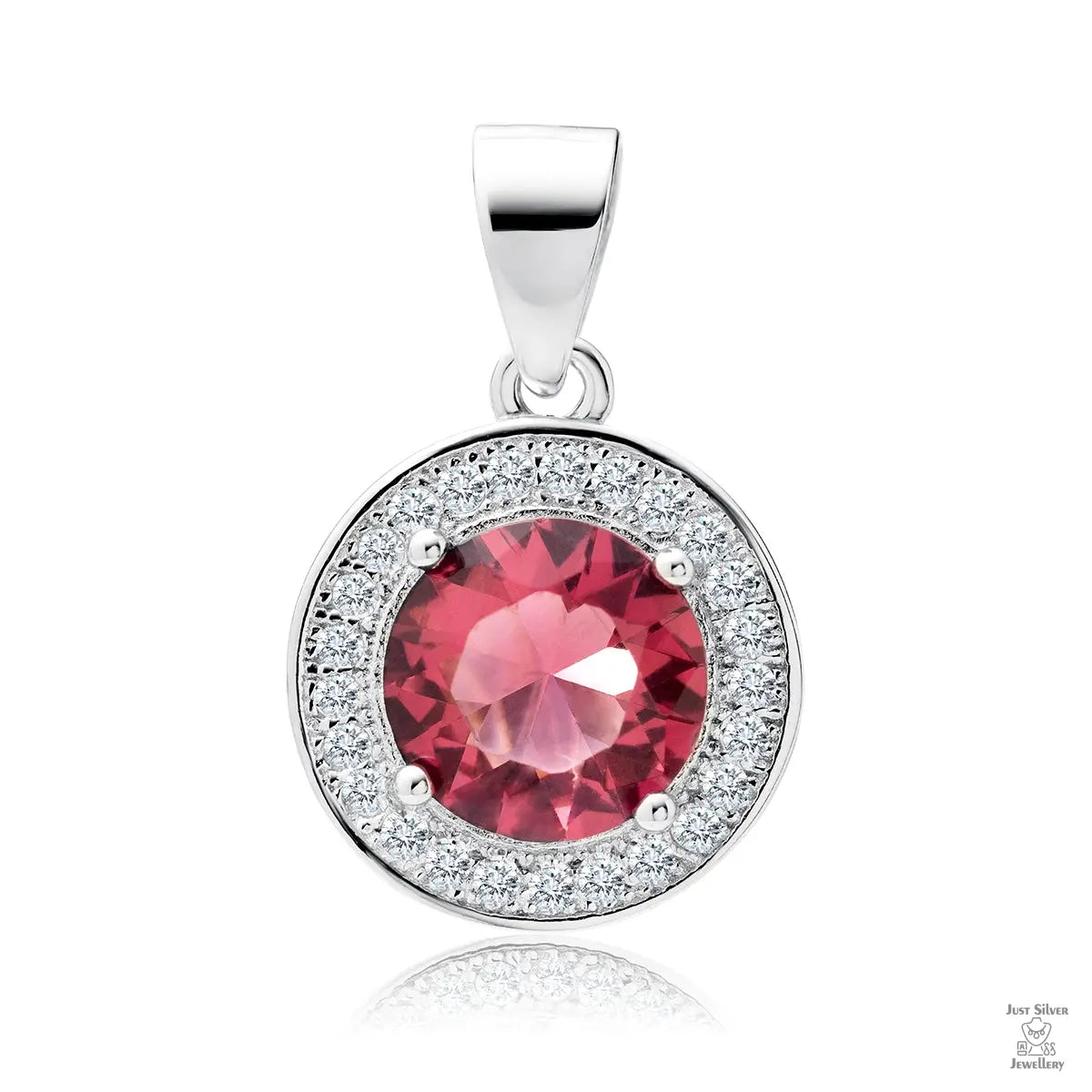 A silver round pendant with a central ruby zirconia gemstone surrounded by a cluster of white zirconia gemstones.