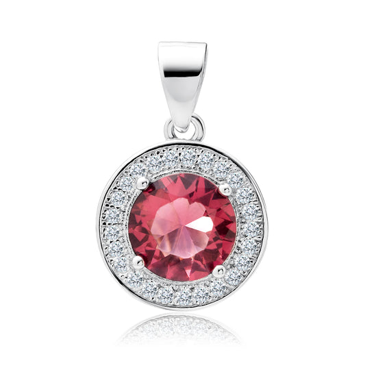 A silver round pendant with a central ruby zirconia gemstone surrounded by a cluster of white zirconia gemstones.