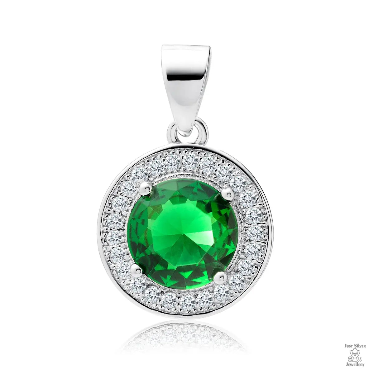 A silver round pendant with a green emerald zirconia gemstone in the center, surrounded by a cluster of white zirconia gemstones.