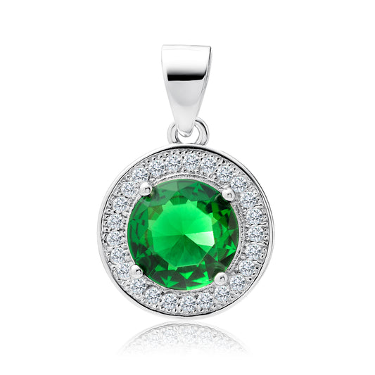 A silver round pendant with a green emerald zirconia gemstone in the center, surrounded by a cluster of white zirconia gemstones.