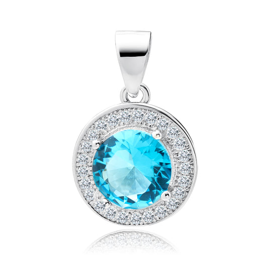 A silver round pendant with an aquamarine zirconia gemstone in the center, surrounded by a cluster of white zirconia gemstones.