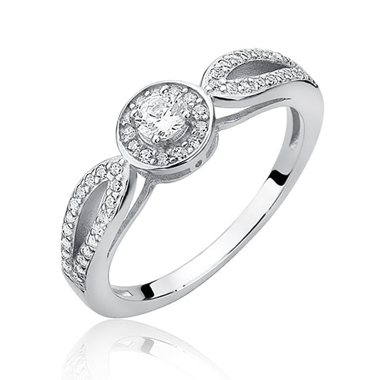 A silver ring with a central white zirconia flower design, surrounded by smaller zirconia stones on the band.