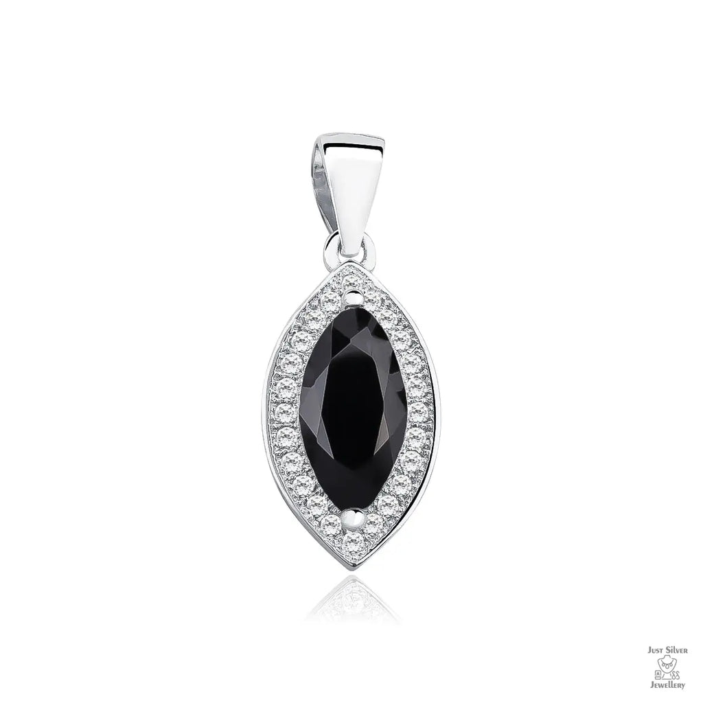A silver marquise cut black zirconia gem pendant with round zirconia accents around it.