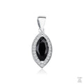 A silver marquise cut black zirconia gem pendant with round zirconia accents around it.