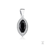 A silver marquise cut black zirconia gem pendant with round zirconia accents around it.