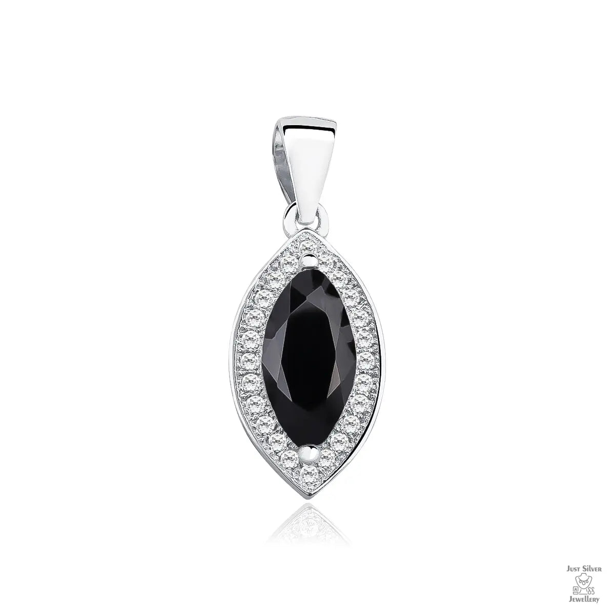 A silver marquise cut black zirconia gem pendant with round zirconia accents around it.