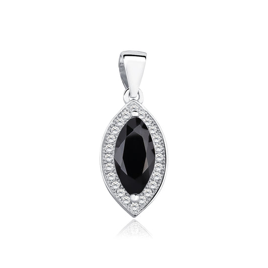 A silver marquise cut black zirconia gem pendant with round zirconia accents around it.