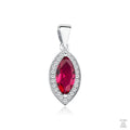 A silver marquise cut ruby zirconia gem pendant with round zirconia accents around it.