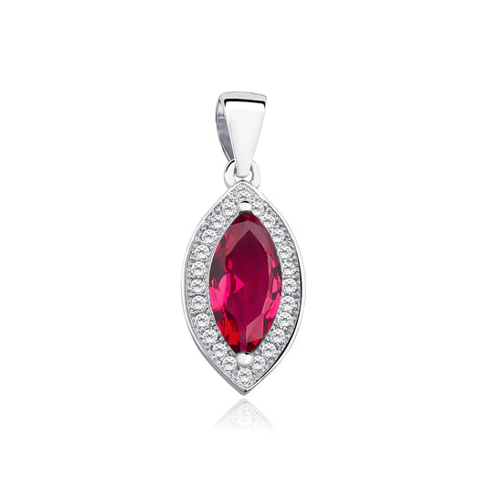 A silver marquise cut ruby zirconia gem pendant with round zirconia accents around it.