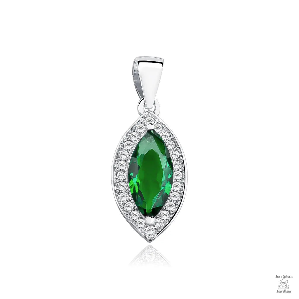 A silver marquise cut emerald zirconia gem pendant with round zirconia accents around it.