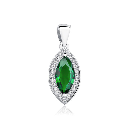 A silver marquise cut emerald zirconia gem pendant with round zirconia accents around it.