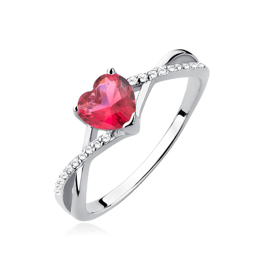 A sterling silver ring with a heart-shaped red ruby zirconia centerpiece and zirconia stones on the band.