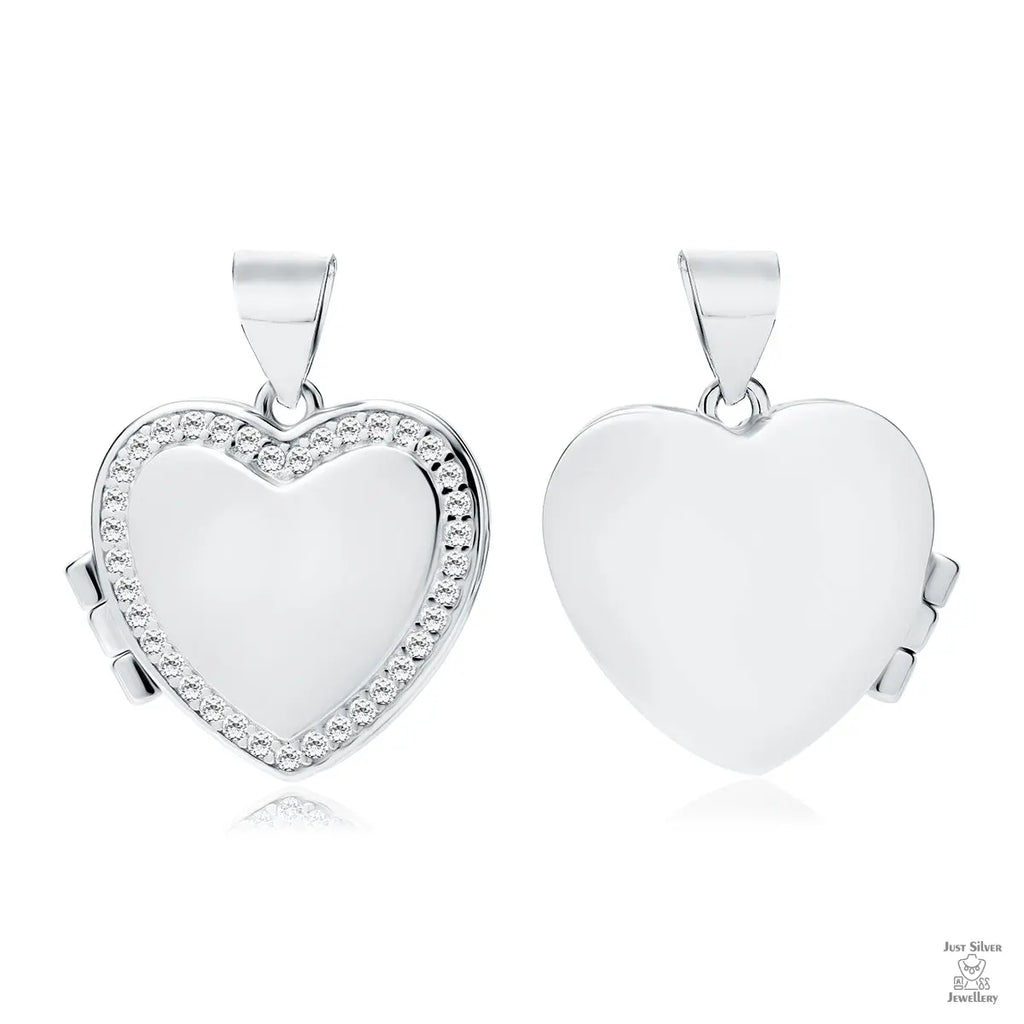 A two-sided silver locket with a heart shape and white zirconia embellishments on the front.