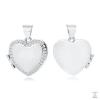 A two-sided silver locket with a heart shape and white zirconia embellishments on the front.