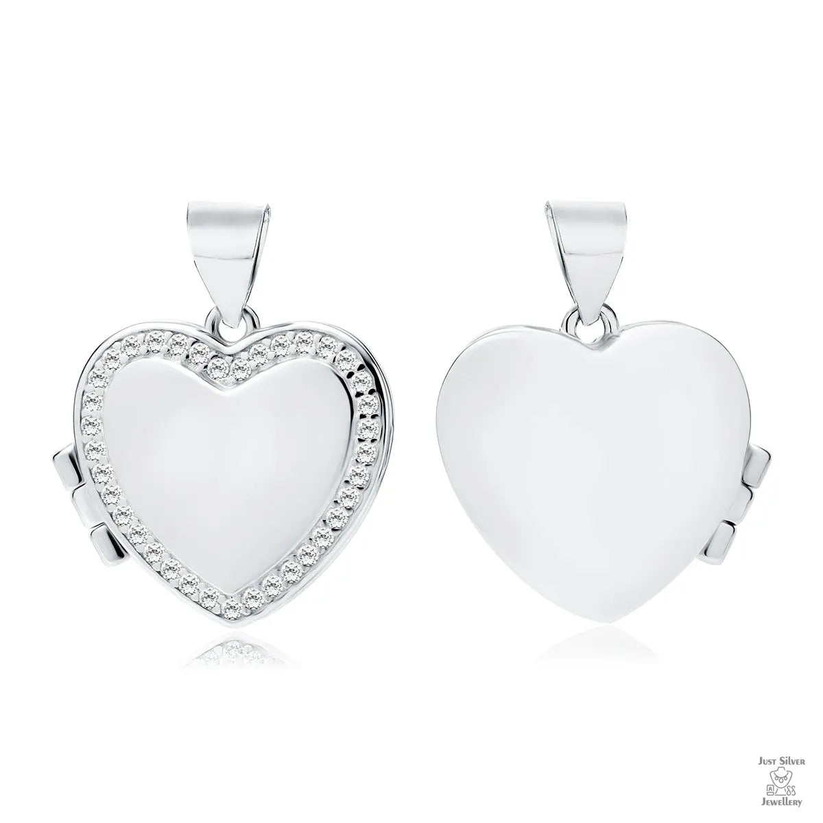 A two-sided silver locket with a heart shape and white zirconia embellishments on the front.