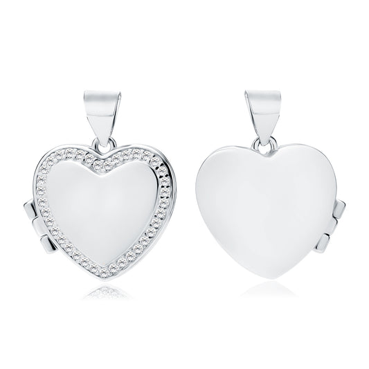 A two-sided silver locket with a heart shape and white zirconia embellishments on the front.