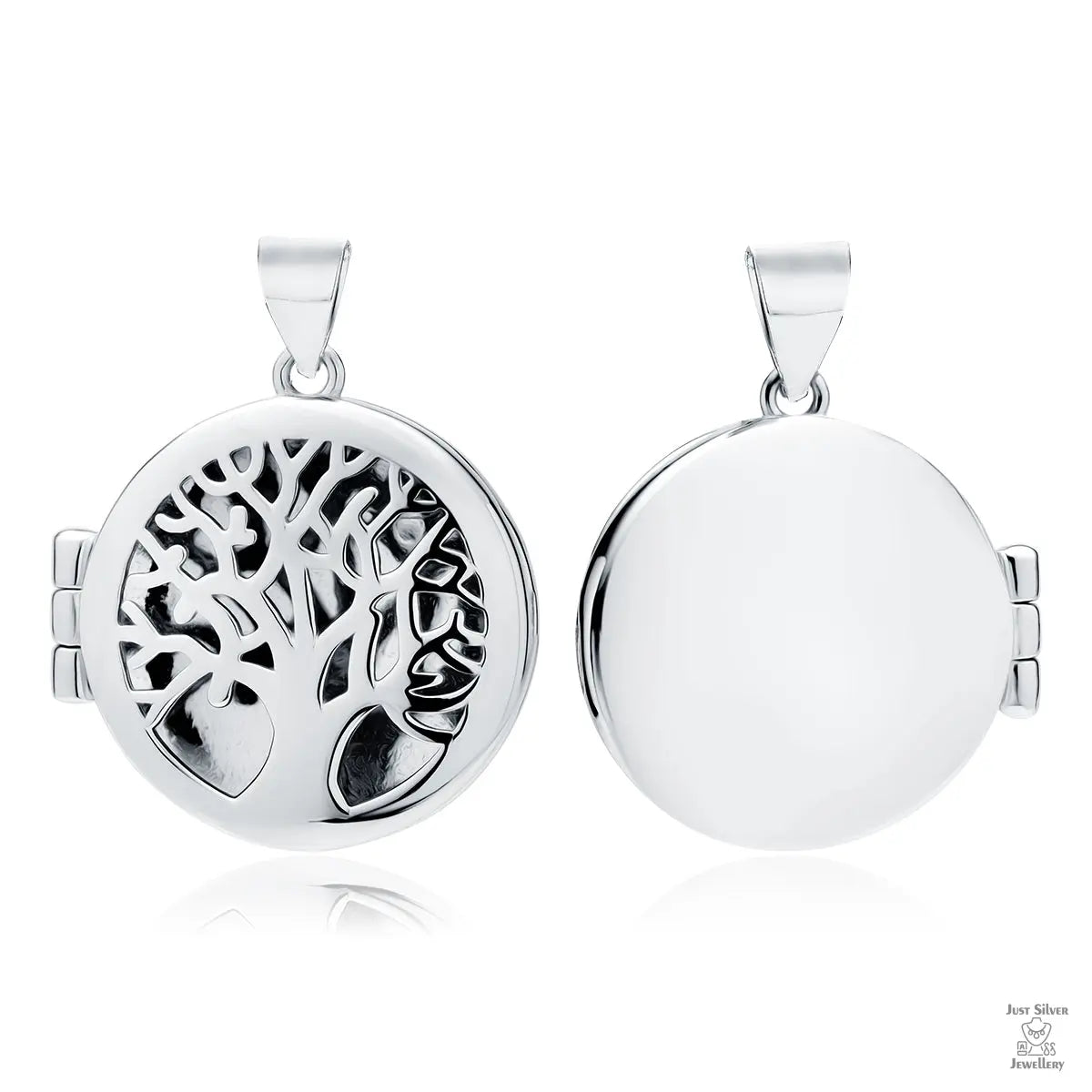 A silver locket with a 'Tree of Life' design on the front, shown from two angles with one side facing up and the other side facing down.