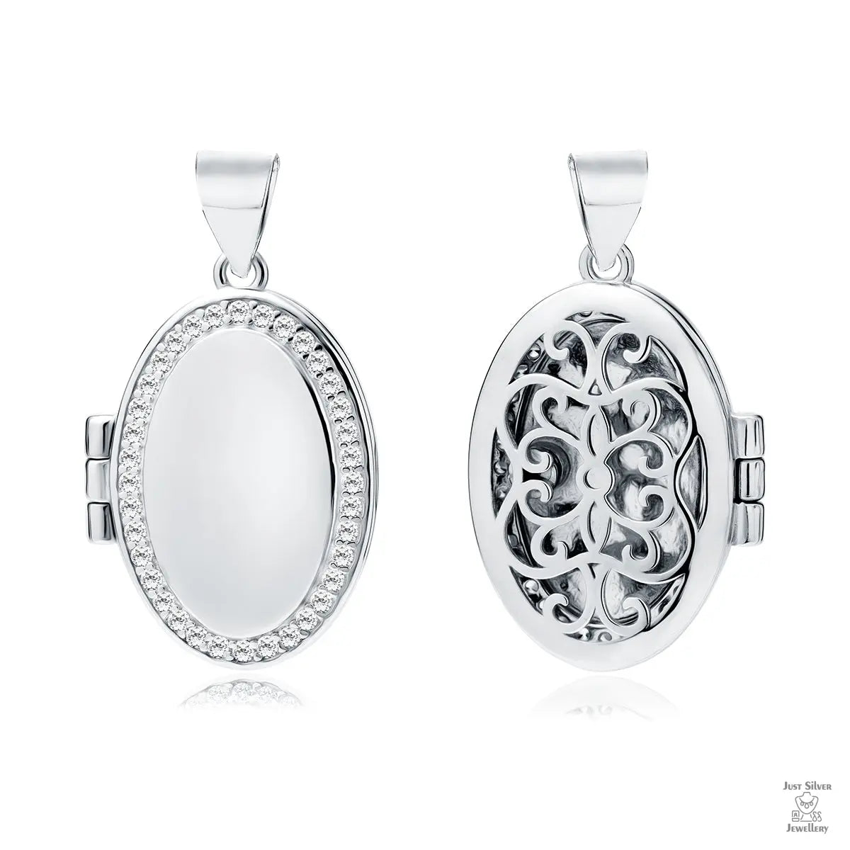 A silver oval locket with intricate designs on the front and a plain back, displayed against a white background.