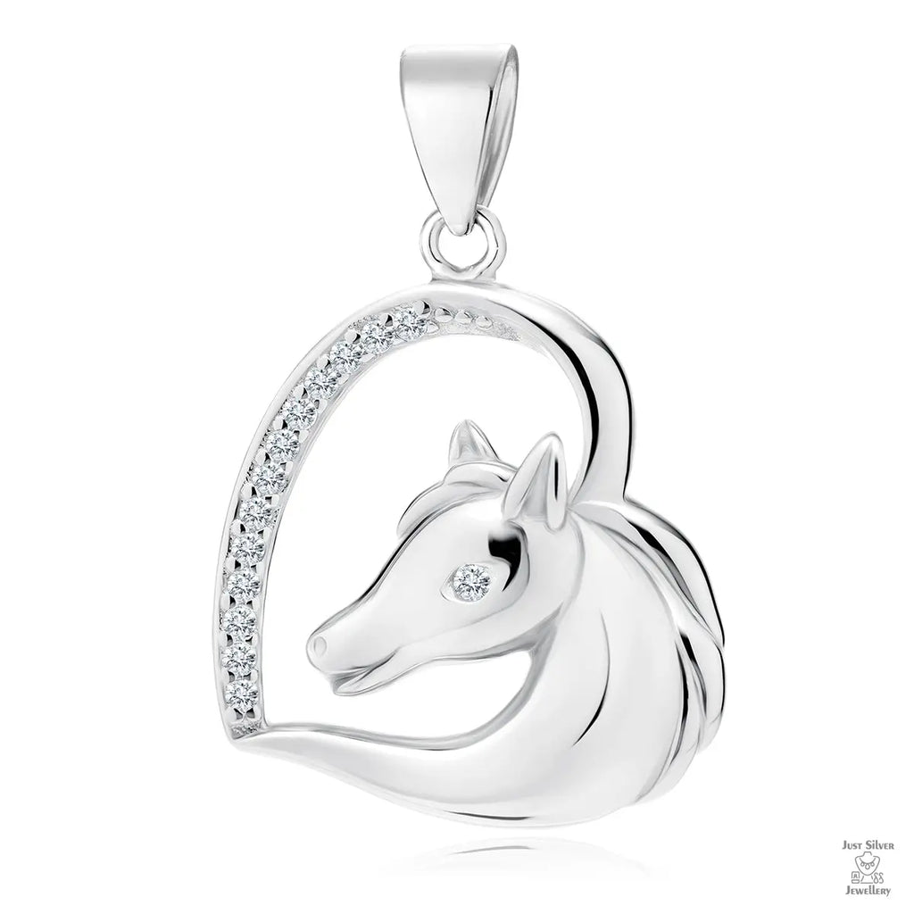 Shiny silver pendant in the shape of a horse head with white zirconia accents, attached to a silver loop on top for hanging.