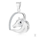 Shiny silver pendant in the shape of a horse head with white zirconia accents, attached to a silver loop on top for hanging.