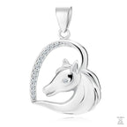 Shiny silver pendant in the shape of a horse head with white zirconia accents, attached to a silver loop on top for hanging.