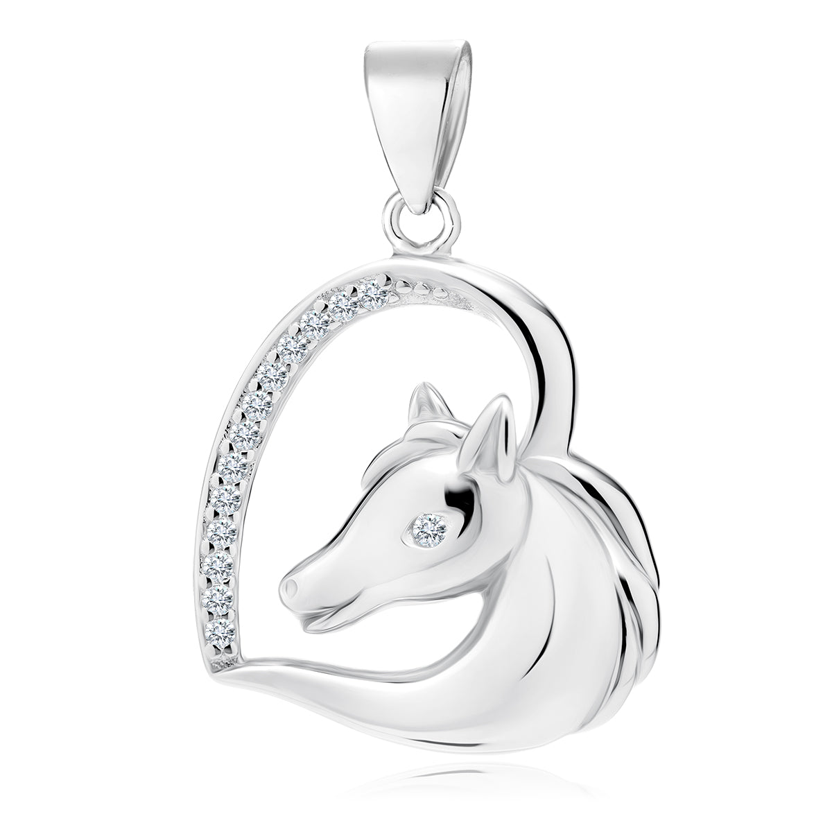 Shiny silver pendant in the shape of a horse head with white zirconia accents, attached to a silver loop on top for hanging.