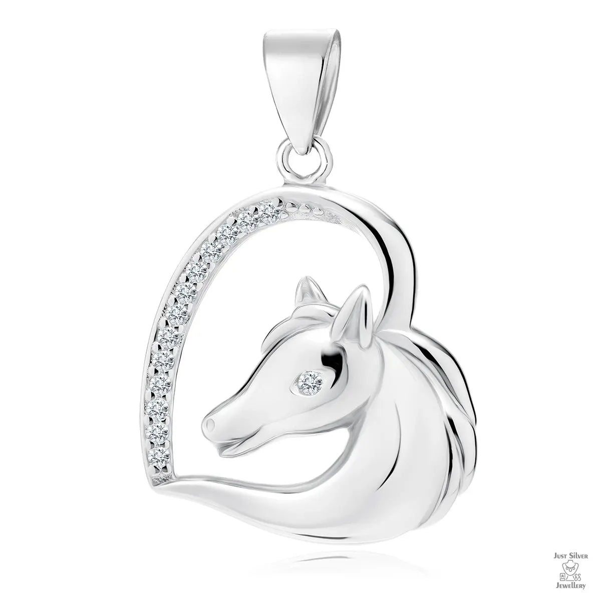Shiny silver pendant in the shape of a horse head with white zirconia accents, attached to a silver loop on top for hanging.