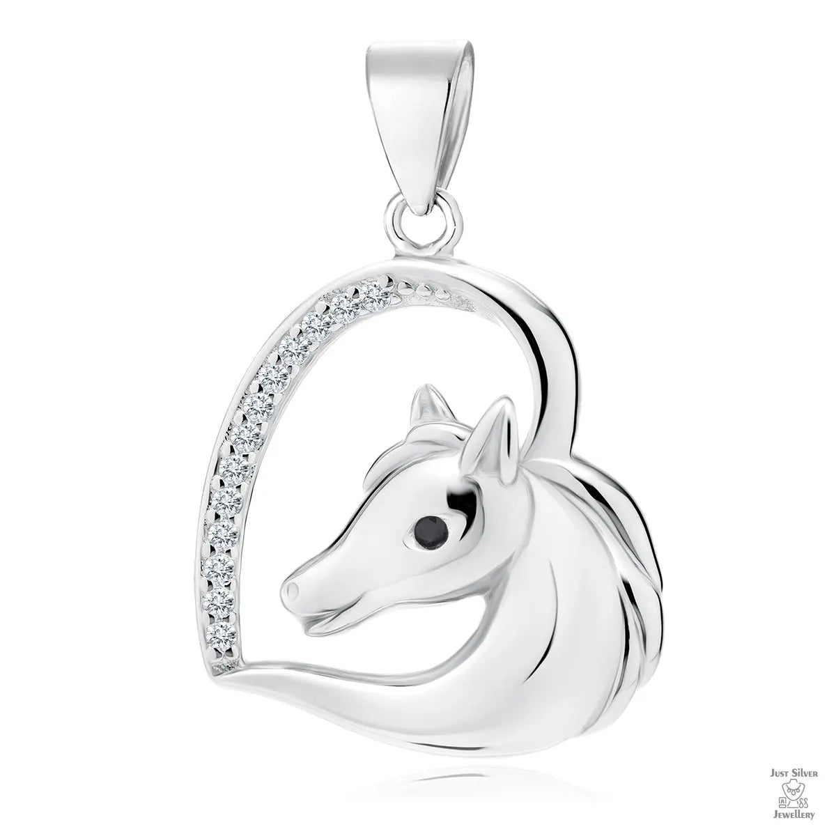 Silver "Horse" Pendant with black & white zirconia gemstones Just Silver Jewellery