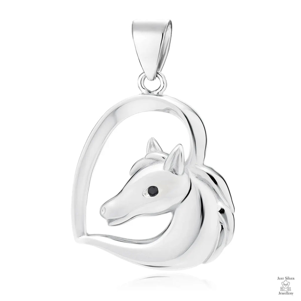 A silver pendant in the shape of a horse's head, with a black zirconia gemstone in the center, designed to be attached to a chain.