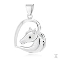 A silver pendant in the shape of a horse's head, with a black zirconia gemstone in the center, designed to be attached to a chain.